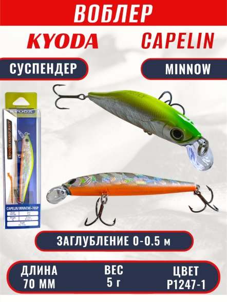 Воблер KYODA Capelin Minnow-70SP длина 7,0 см вес 5.0 гр цвет P1247-1 заглубление 0-0.5 м