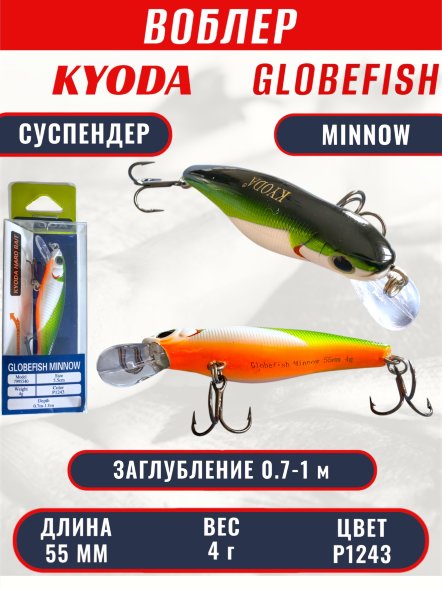Воблер KYODA Globefish Minnow-55SP, длина 5,5 см, вес 4.0 гр цвет P1243, заглубление 0,7-1,0 м